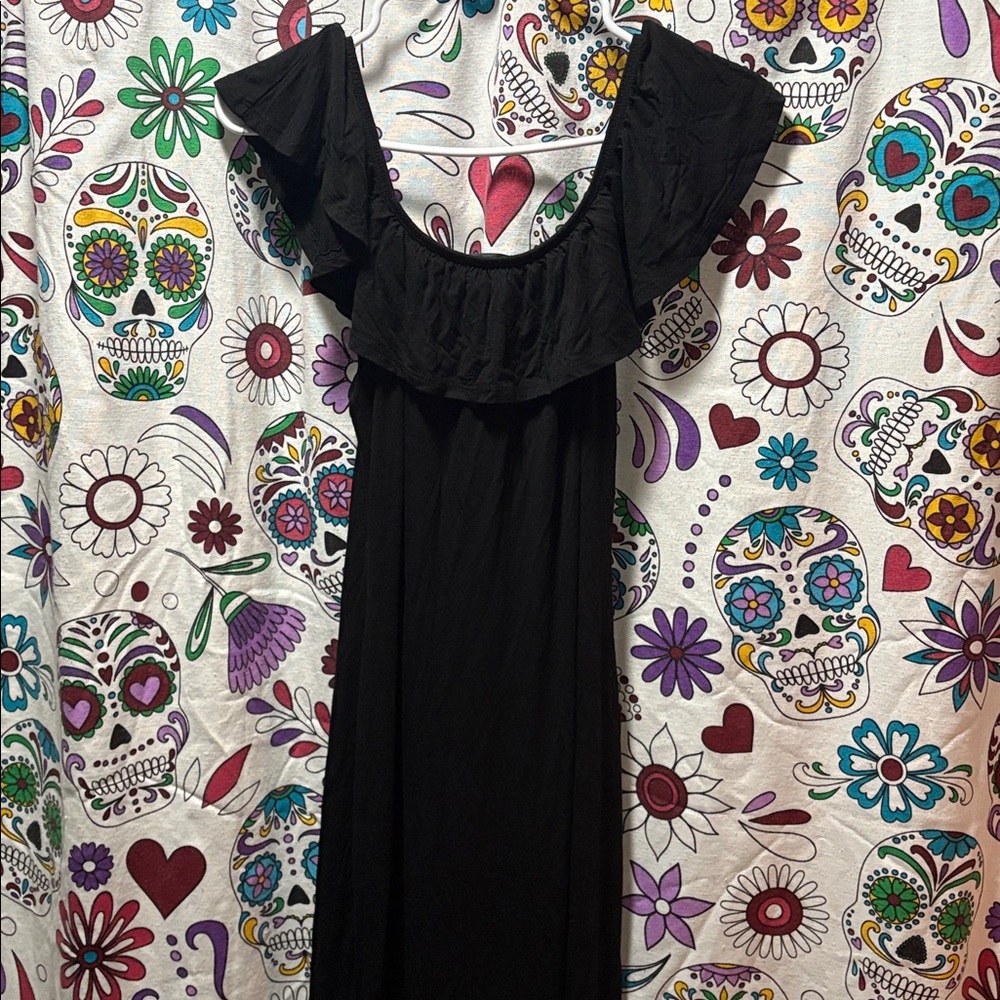 Black Ruffle off the shoulder maxi dress with slit up the back